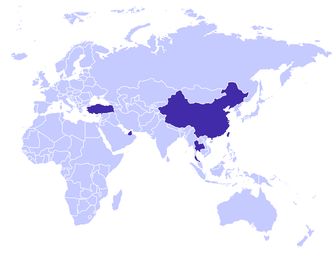 World map showing Terol's presence in Thailand, Türkiye, China, Taiwan, and Dubai.